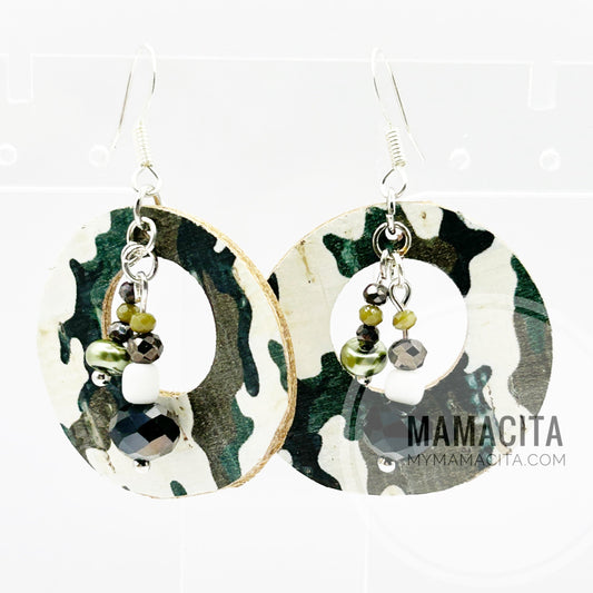 Army Green Camouflage Offset Circle Cork and Leather Beaded Earrings