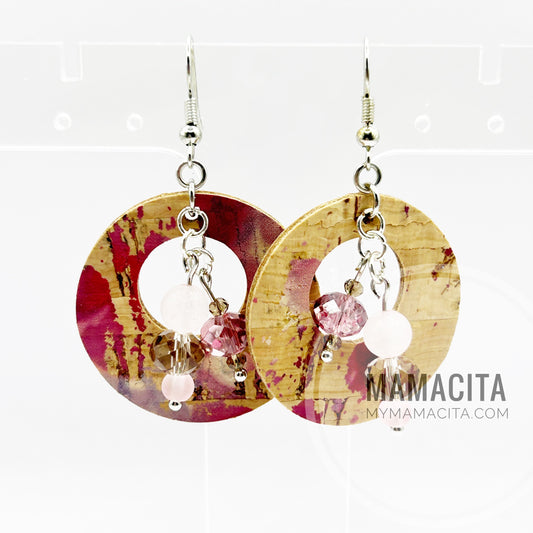 Watercolor Rose Offset Circle Cork and Leather Beaded Earrings