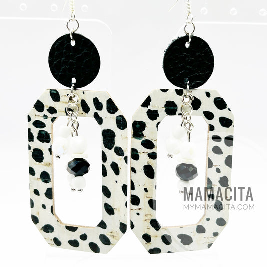 Dalmation Black and White Leather Long Rectangle Beaded Earrings