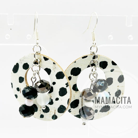 Dalmation Offset Circle Cork and Leather Beaded Earrings