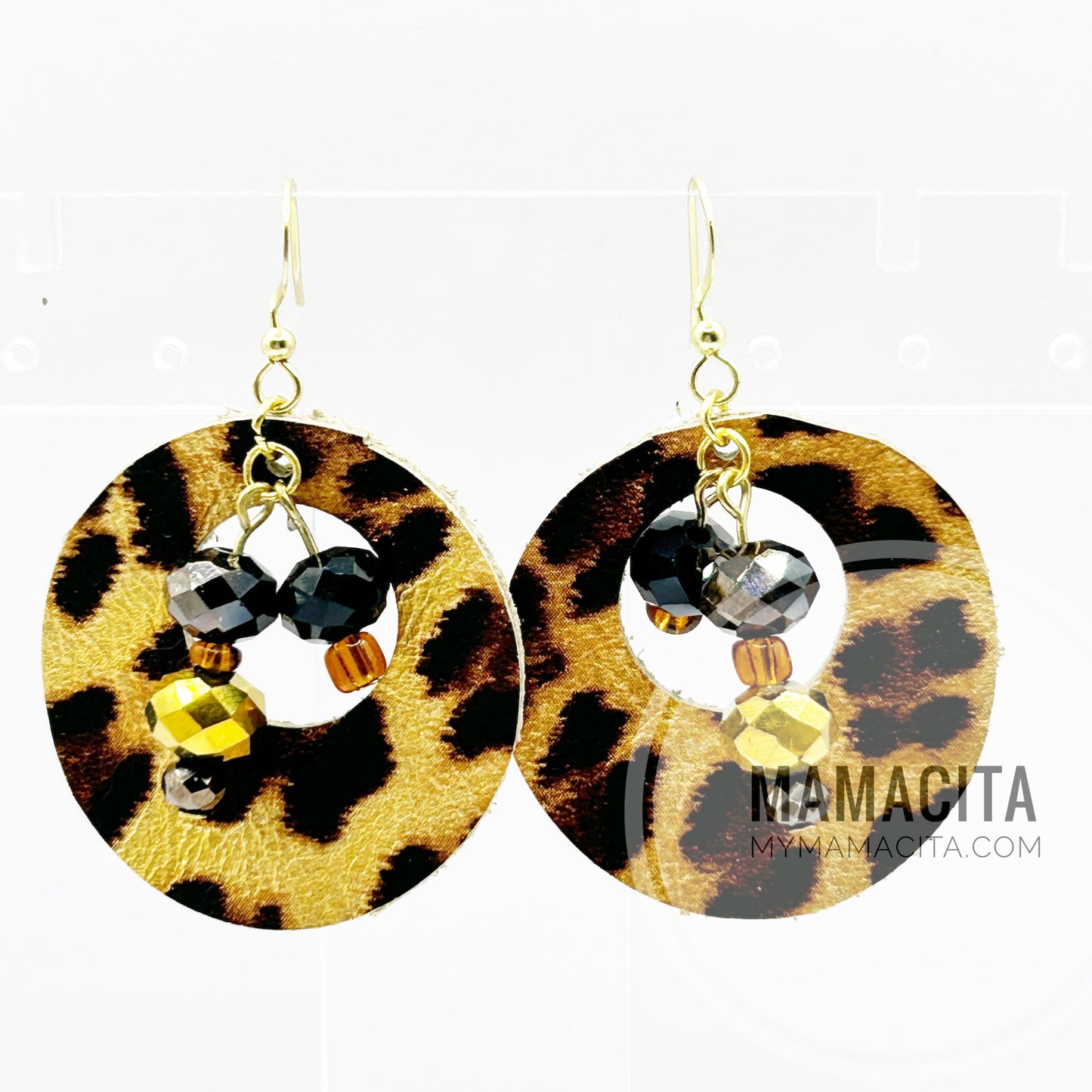 Shiny Gold Leopard Print Offset Circle Cork and Leather Beaded Earrings
