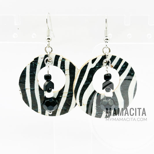 Zebra Print Offset Circle Cork and Leather Beaded Earrings