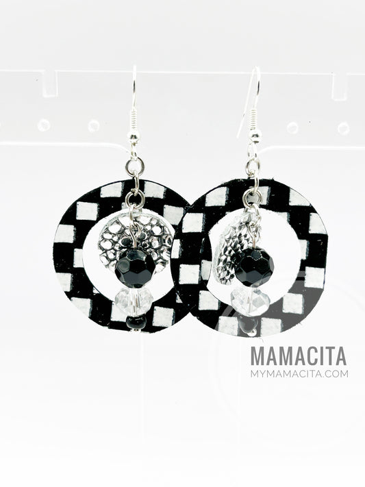 Black and Silver Circle and Leather Beaded Earrings