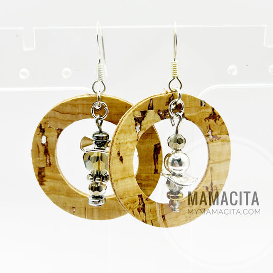 Gold Cork Circle Cork and Leather Beaded Earrings