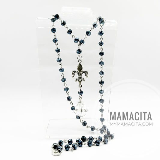 Navy Blue and Silver Fleur de Lis Link Rosary Style Necklace