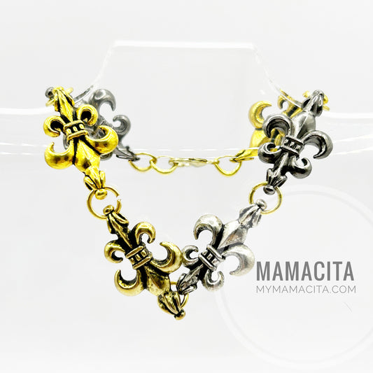Antique Gold and Black Fleur de Lis Link Bracelet