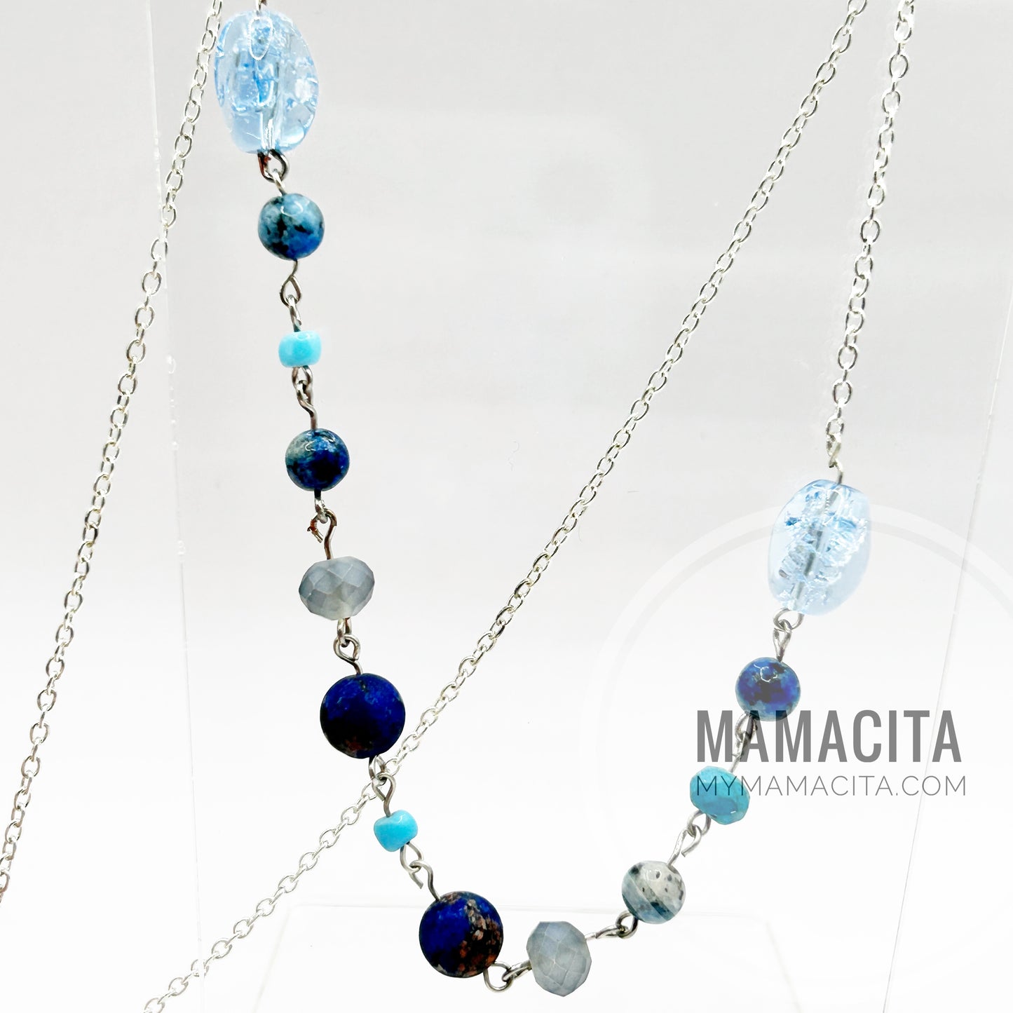 Shades of Blue Beaded Rosary Style Necklace