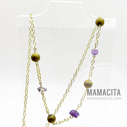 Purple and Gold Link Beaded Rosary Style Necklace