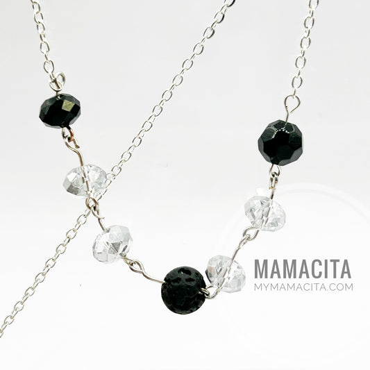 Black and Silver Link Beaded Rosary Style Necklace