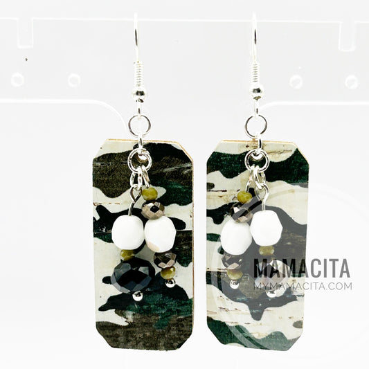 Army Green Camouflage Solid Rectangle Beaded Earrings
