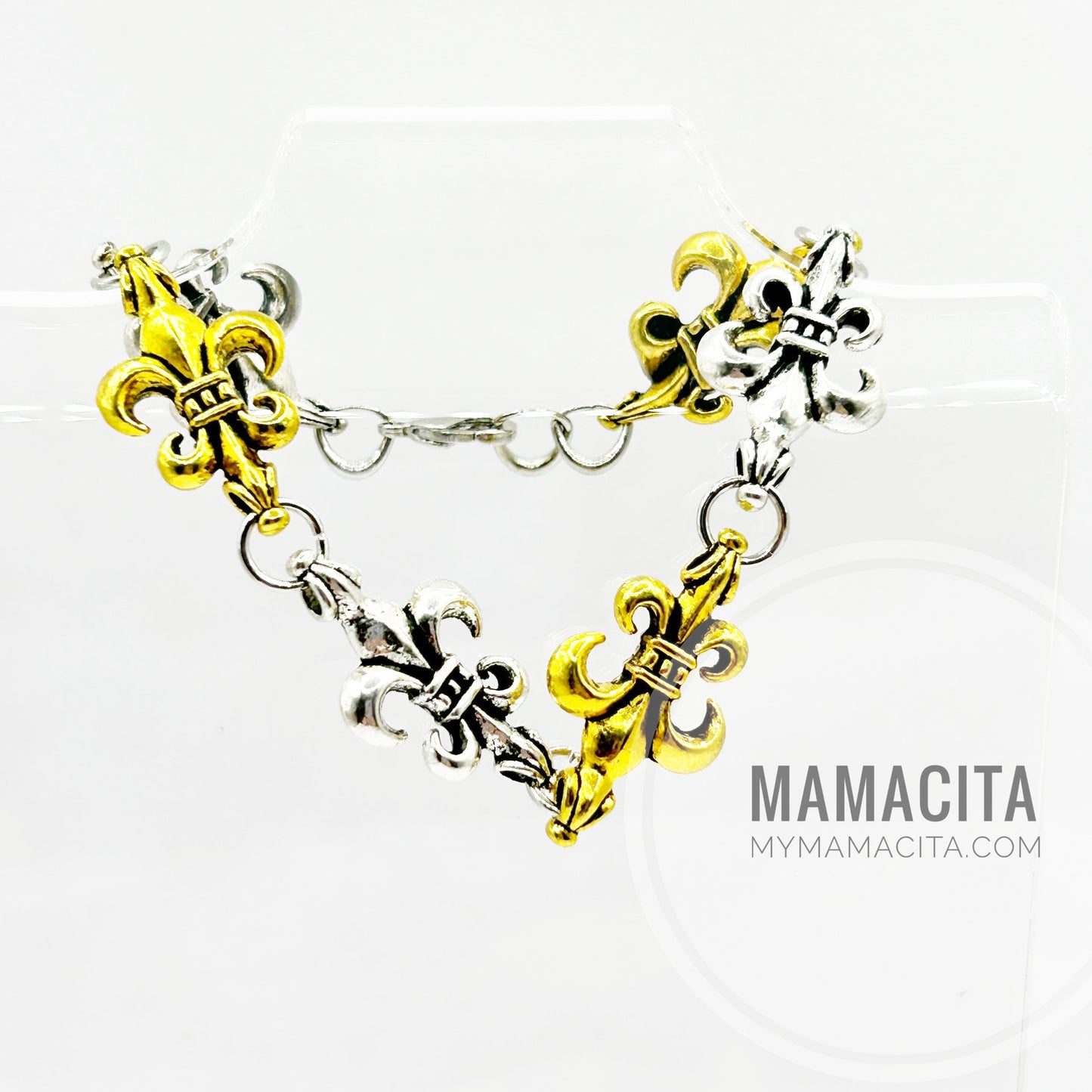Shiny Silver and Gold Fleur de Lis Link Bracelet