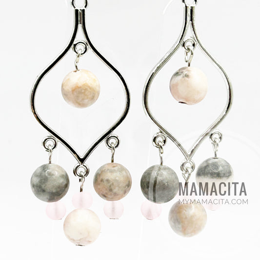 Pink and Grey Agate Arabesque Beaded Earrings
